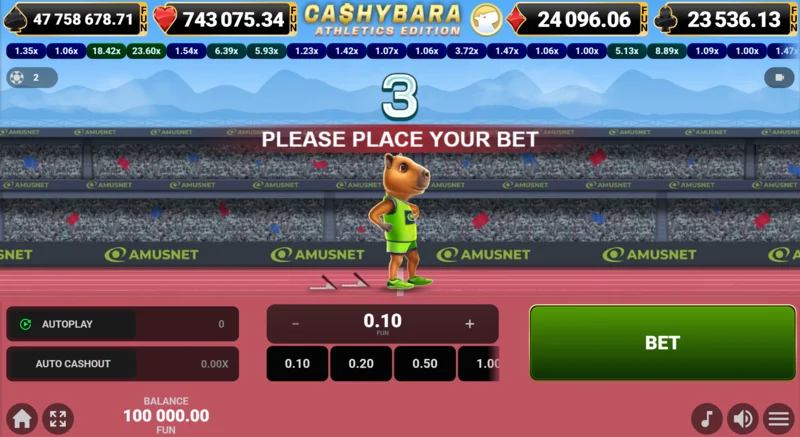 Cashybara Athletics Edition - layar utama balapan dengan pengukur koefisien